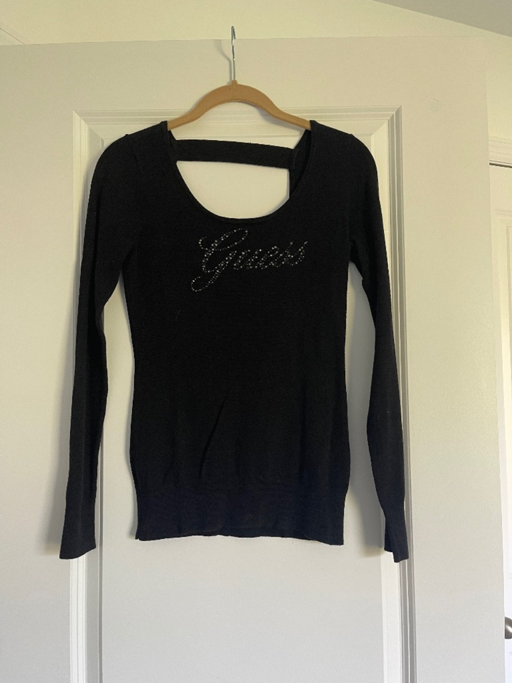 Guess Y2K Black Long Sleeve Top With Rhinestone Beaded Logo Size Small